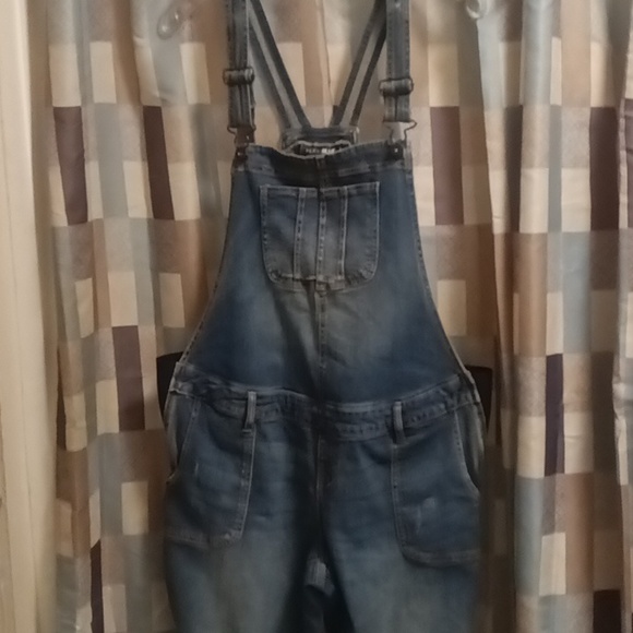 FINAL PRICE INDIGO BLUE cotton blue denim distressed overalls w elastic sides - Picture 5 of 16